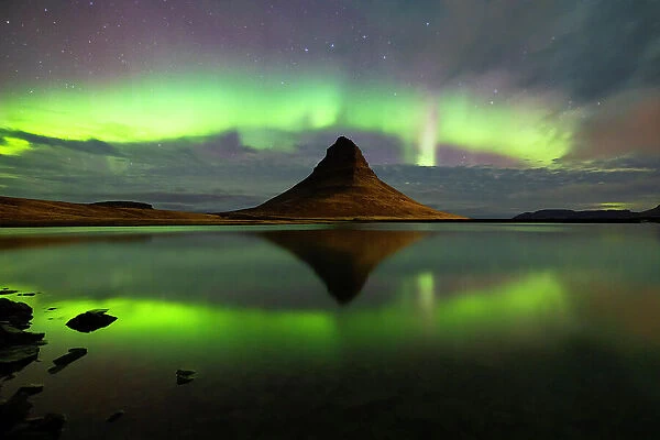 Northern lights at Kirkjufell, Grundafjordur, Snaefellsnes peninsula, Vesturland region, Iceland