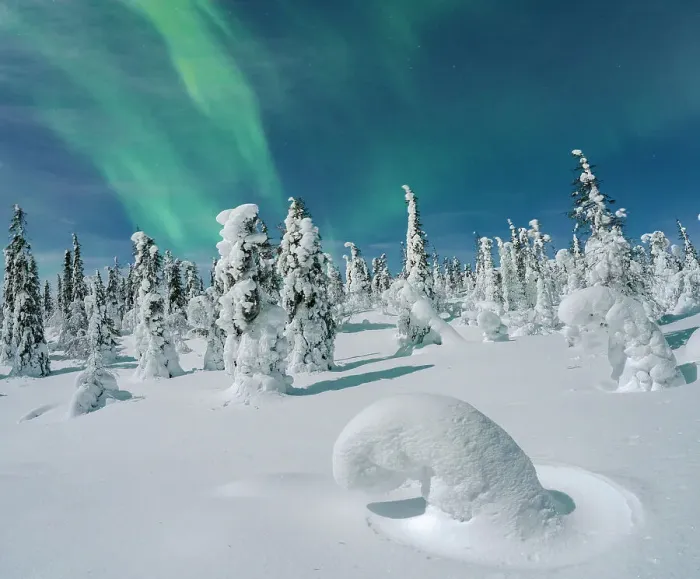 Framed Print : Northern Lights in the night sky over ice sculptures wrapped in snow, Lapland, Finland Framed Print : Northern Lights in the night sky over ice sculptures wrapped in snow, Lapland, Finland