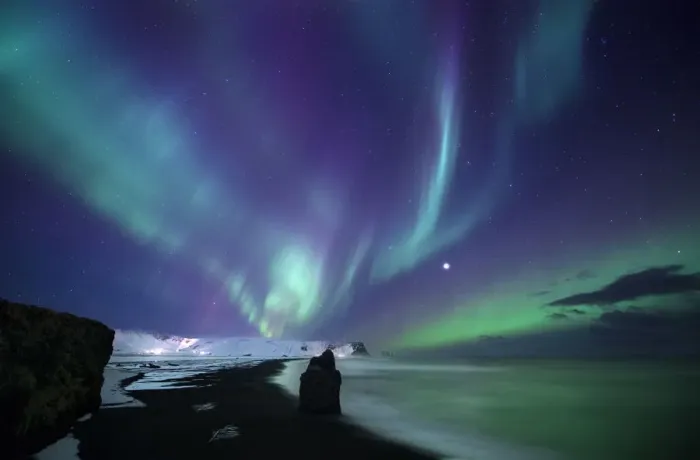 Framed Print : Northern lights over Reynisfjara beach in winter, Sudurland, Iceland Framed Print : Northern lights over Reynisfjara beach in winter, Sudurland, Iceland