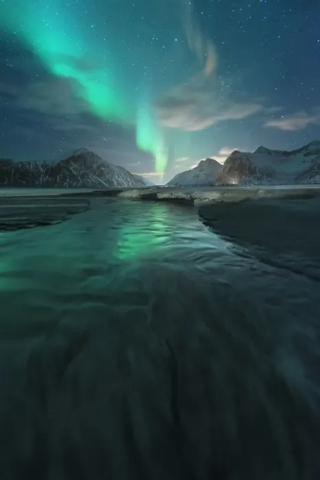 Framed Print : Northern lights over Skagsanden beach in the Lofoten islands, Norway