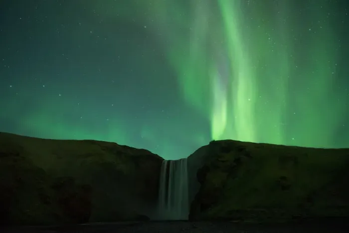 Framed Print : Northern lights over Skogafoss waterfall, Southern Iceland, Iceland Framed Print : Northern lights over Skogafoss waterfall, Southern Iceland, Iceland