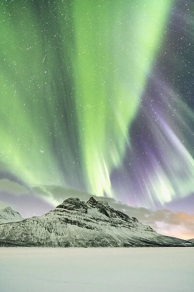 Northern lights in the sky above Skoddebergvatnet lake, Grovfjord, Troms county, Northern