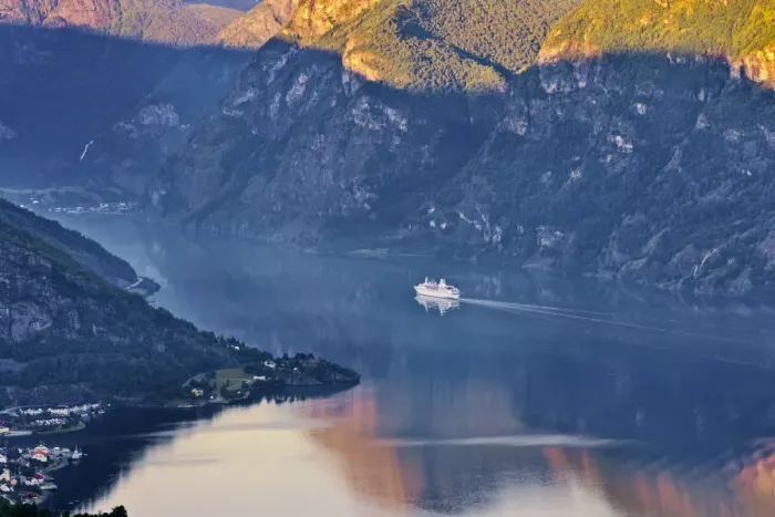 Framed Print : Norway, Western Fjords, Aurland Fjord, Overview of Cruise ship in fjord Framed Print : Norway, Western Fjords, Aurland Fjord, Overview of Cruise ship in fjord