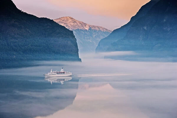 Norway, Western Fjords, Aurland Fjord, Cruise ship in fjord