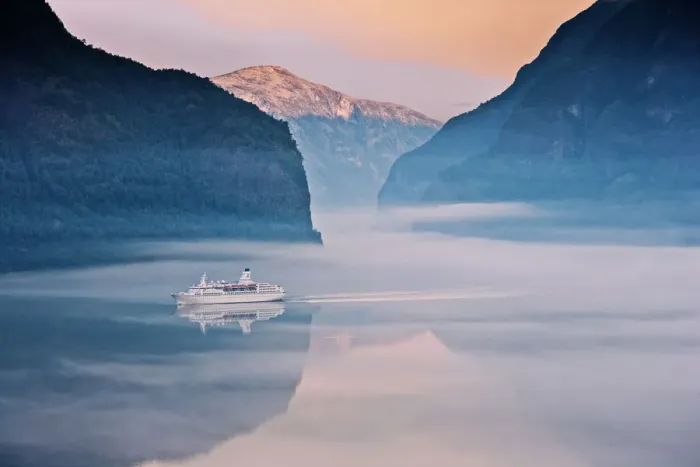 Framed Print : Norway, Western Fjords, Aurland Fjord, Cruise ship in fjord Framed Print : Norway, Western Fjords, Aurland Fjord, Cruise ship in fjord