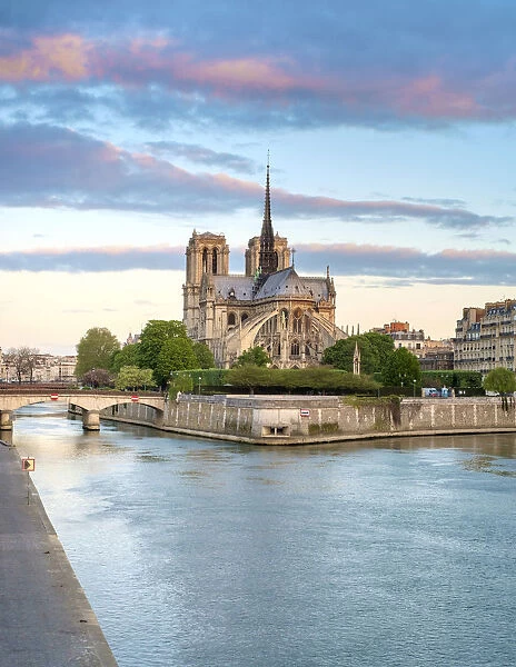 Notre Dame Cathedral on the banks of the Seine River at sunrise, Paris, Ile-de-France, France