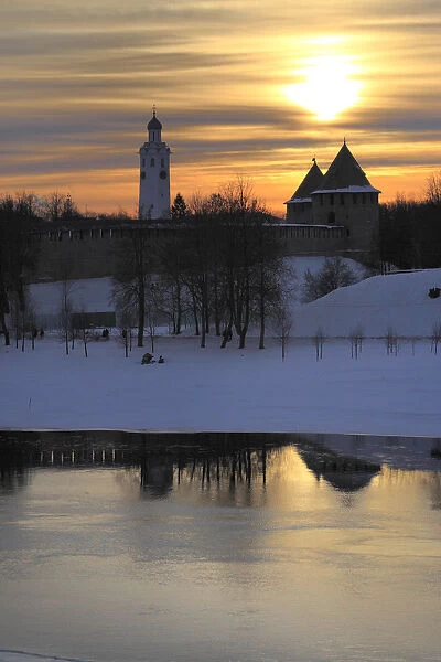Novgorod Kremlin and river Volkhov at sunset, Veliky Novgorod, Novgorod region, Russia