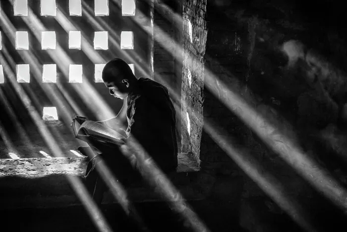 Framed Print : Novice Buddhist Monk studying in the window of an ancient temple, Bagan, Myanmar Framed Print : Novice Buddhist Monk studying in the window of an ancient temple, Bagan, Myanmar