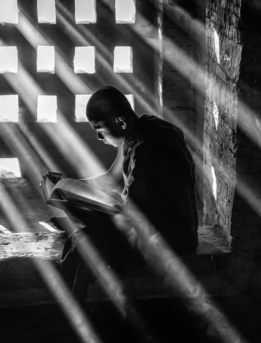 Framed Print : Novice Buddhist Monk studying in the window of an ancient temple, Bagan, Myanmar Framed Print : Novice Buddhist Monk studying in the window of an ancient temple, Bagan, Myanmar
