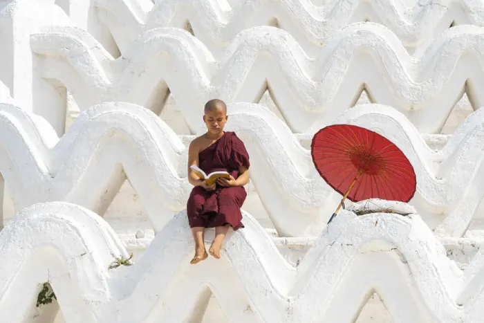 Framed Print : Novice monk reading a book at Hsinbyume pagoda, Mingun, Mandalay, Sagaing Township Framed Print : Novice monk reading a book at Hsinbyume pagoda, Mingun, Mandalay, Sagaing Township