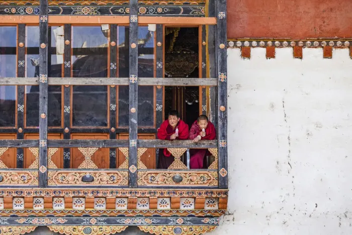 Framed Print : Novice Monks (Child monks) in Gangteng Monastery, Phobjikha Valley, Bhutan