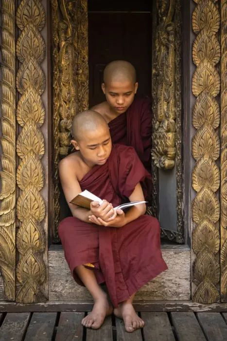 Framed Print : Two novice monks reading a book at a monastery, Mandalay, Mandalay District Framed Print : Two novice monks reading a book at a monastery, Mandalay, Mandalay District