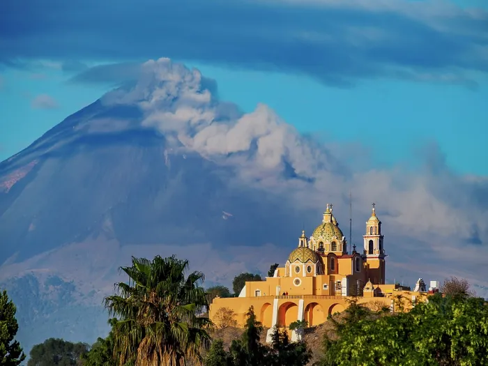 Framed Print : Nuestra Senora de los Remedios Church on top of the Great Pyramid with Popocatepetl Volcano in the background, Cholula, Puebla State, Mexico