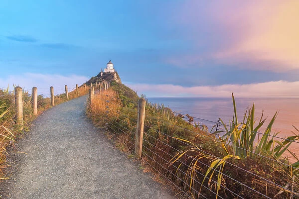 Nugget Point lighthouse at sunset. Ahuriri Flat, Clutha district, Otago region, South