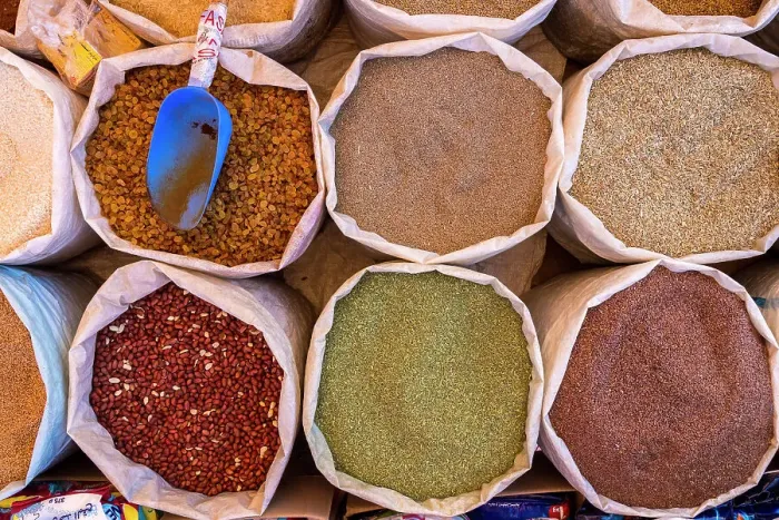 Framed Print : Nuts and grains displayed at market stall, Skoura, Morocco Framed Print : Nuts and grains displayed at market stall, Skoura, Morocco