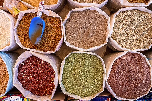 Nuts and grains displayed at market stall, Skoura, Morocco