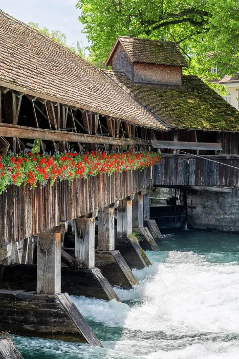 Framed Print : Obere Schleuse wooden bridge, Thun, Canton of Bern, Switzerland Framed Print : Obere Schleuse wooden bridge, Thun, Canton of Bern, Switzerland