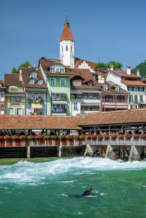 Framed Print : Obere Schleuse wooden bridge, Thun, Canton of Bern, Switzerland Framed Print : Obere Schleuse wooden bridge, Thun, Canton of Bern, Switzerland