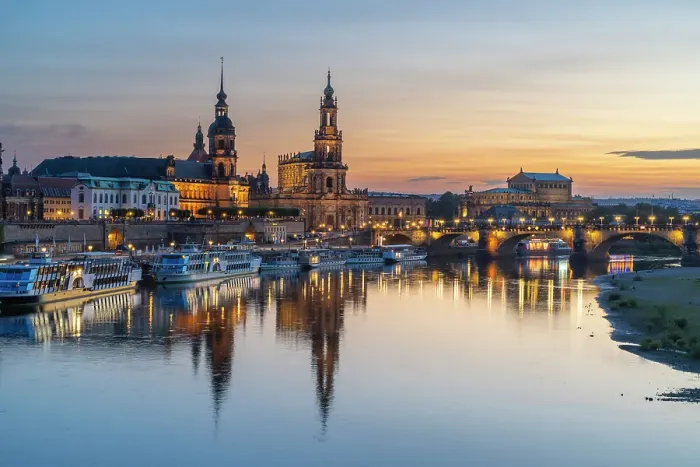 Framed Print : Oberlandesgericht Dresden, Dresden Cathedral, Semperoper House and Augustus Bridge over Elbe River at dusk, Dresden, Saxony, Germany