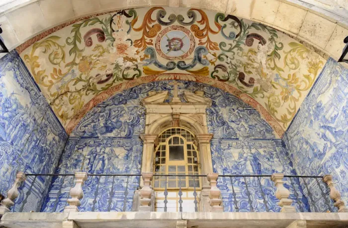 Framed Print : Obidos. Main Gate, dating back to the 14th century, with frescos and blue tiles around Framed Print : Obidos. Main Gate, dating back to the 14th century, with frescos and blue tiles around