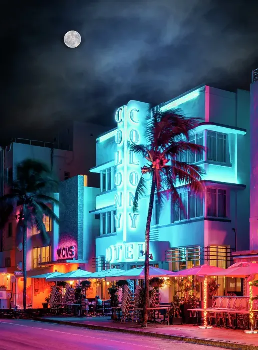 Framed Print : Ocean Drive Art Deco District, illuminated with iconic Neon Colors South Beach, Miami Beach, Florida, USA