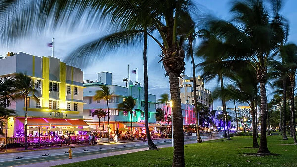 Ocean Drive at dusk, Miami, United States of America