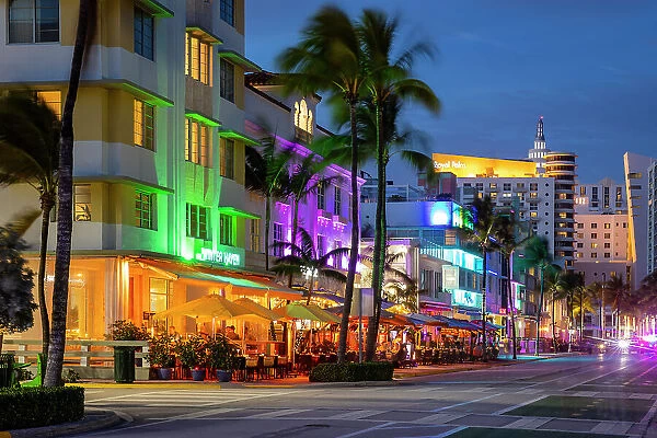 Ocean Drive at dusk, Miami, United States of America