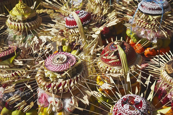 Offerings of fruit at temple ceremony, Bali, Indonesia