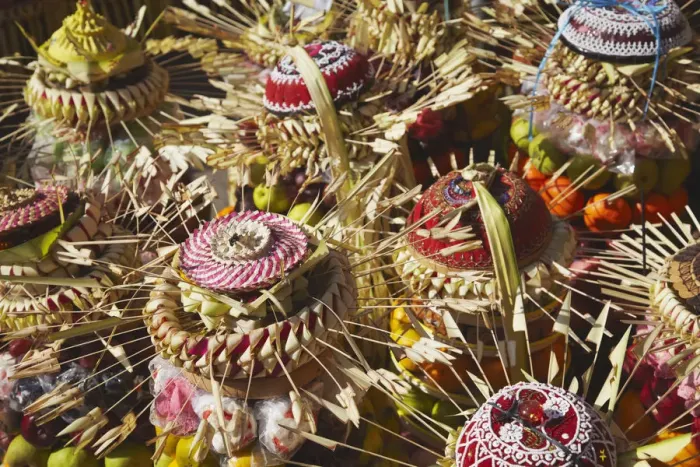 Framed Print : Offerings of fruit at temple ceremony, Bali, Indonesia