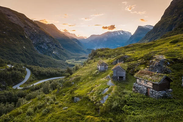 More og Romsdal, Norway. Turf roof houses near Geirangerfjord