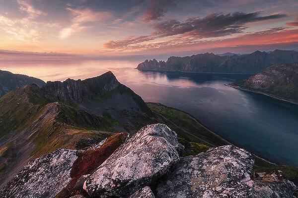 The Okshornan peaks seen from the top of Husfjellet on a late evening summer sunset. Senja Island, Norway