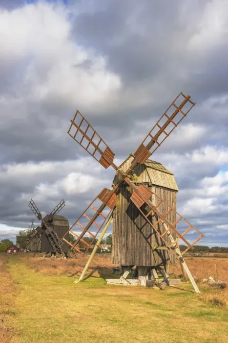 Framed Print : Oland, Eastern Sweden, Northern Europe. Typical windmills along the road Framed Print : Oland, Eastern Sweden, Northern Europe. Typical windmills along the road
