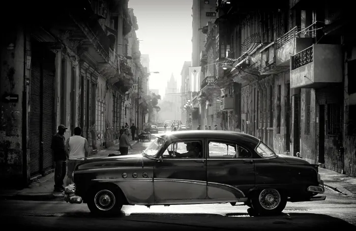 Framed Print : Old American cars on a street at sunrise, Havana Centro, Havana, Cuba, Caribbean