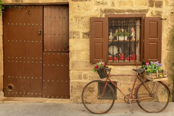 Framed Print : Old Bike under Traditional Window & Door, Laguardia, Alava, Spain Framed Print : Old Bike under Traditional Window & Door, Laguardia, Alava, Spain