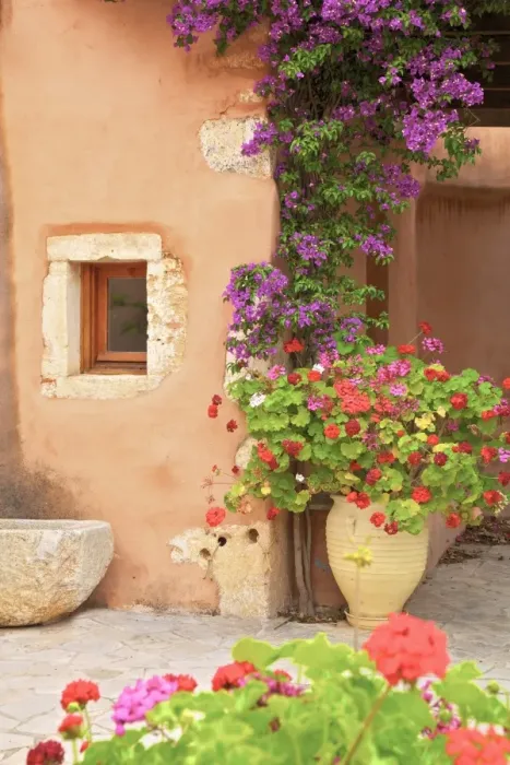 Framed Print : Old Building with Bougainvillea and Geraniums, Crete, Greek Islands, Greece, Europe