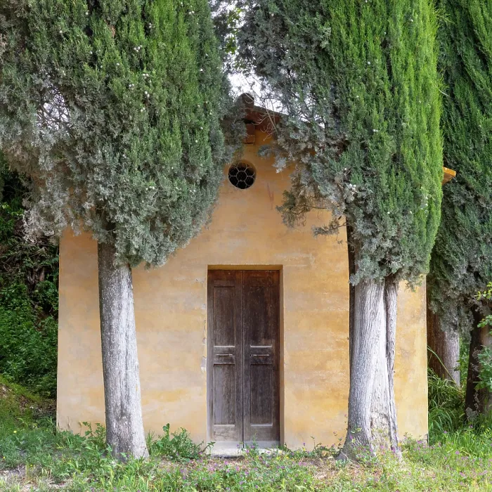 Framed Print : Old chapel and cypress trees, near Lucignano d'Asso, Province of Siena, Tuscany, Italy Framed Print : Old chapel and cypress trees, near Lucignano d'Asso, Province of Siena, Tuscany, Italy