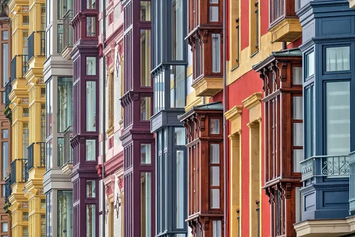 Framed Print : Old colorful buildings with bow windows, Gijon, Asturias, Spain Framed Print : Old colorful buildings with bow windows, Gijon, Asturias, Spain