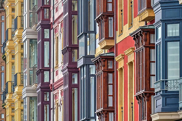 Old colorful buildings with bow windows, Gijon, Asturias, Spain