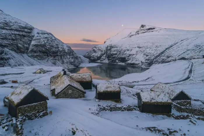 Framed Print : The old Duvugarðar farm in Saksun covered by snow. Streymoy, Faroe Islands Framed Print : The old Duvugarðar farm in Saksun covered by snow. Streymoy, Faroe Islands