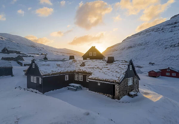 The old Duvugarðar farm in Saksun covered by snow. Streymoy, Faroe Islands