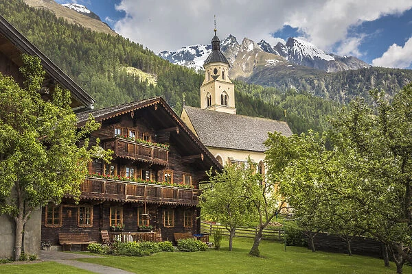 Old farmhouse and pilgrimage church of Maria Schnee in Obermauern in Virgental, East Tyrol, Tyrol, Austria