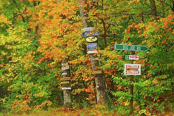 Old-fashioned cottage signs in autumn Muskoka, Ontario, Canada