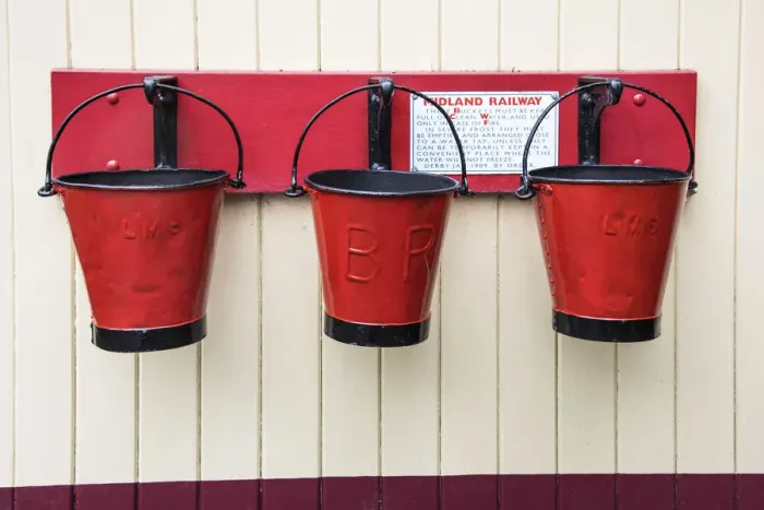 Framed Print : Old fire baskets at the Damems railway station, part of the Keighley and Worth Valley