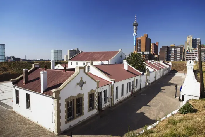 Framed Print : Old Fort in Constitution Hill with Telkom Tower in background, Johannesburg, Gauteng Framed Print : Old Fort in Constitution Hill with Telkom Tower in background, Johannesburg, Gauteng