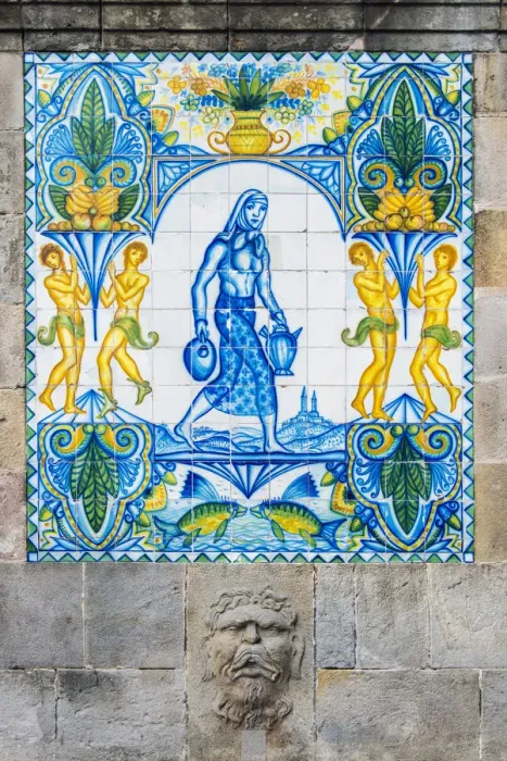 Framed Print : Detail of the old Fuente de Santa Anna fountain with decorated tiles in Barrio Gotico Framed Print : Detail of the old Fuente de Santa Anna fountain with decorated tiles in Barrio Gotico
