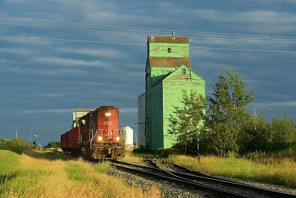 Old grain elevators with train on the Canadian Prairie Sexsmith, Alberta, Canada