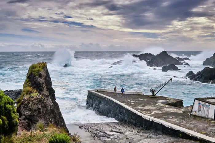 Framed Print : The old harbour of Santa Cruz on a stormy day. Flores island, Azores islands. Portugal Framed Print : The old harbour of Santa Cruz on a stormy day. Flores island, Azores islands. Portugal