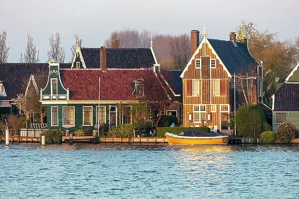 Old houses on the canal at Zaanse Schans, North Holland, Netherlands