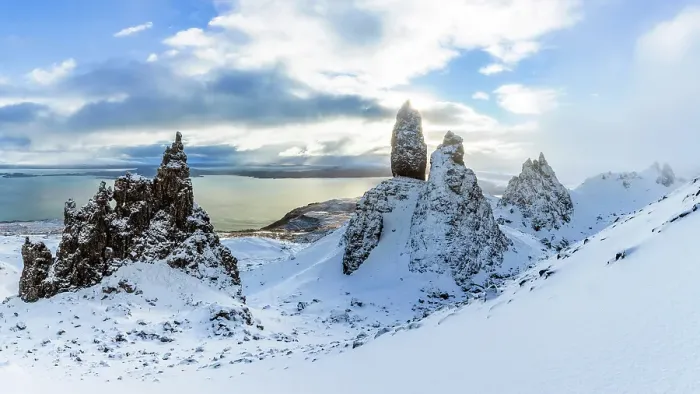 Framed Print : Old Man of Storr and snow covered landscape, Storr Rocks, Isle of Skye, Inner Hebrides, Scotland, United Kingdom
