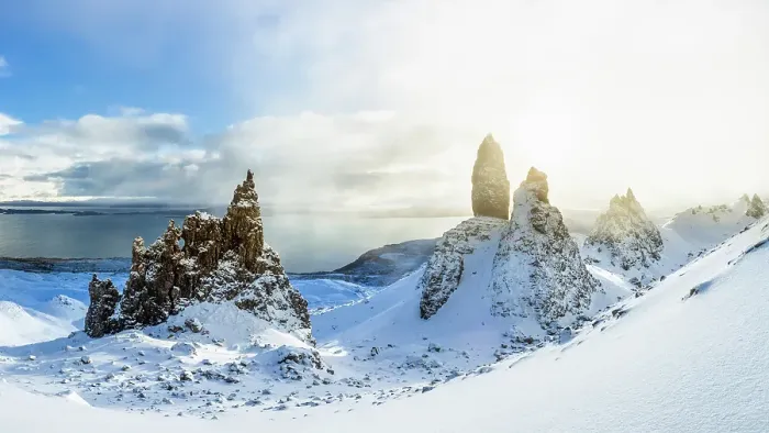 Framed Print : Old Man of Storr and snow covered landscape, Storr Rocks, Isle of Skye, Inner Hebrides, Scotland, United Kingdom